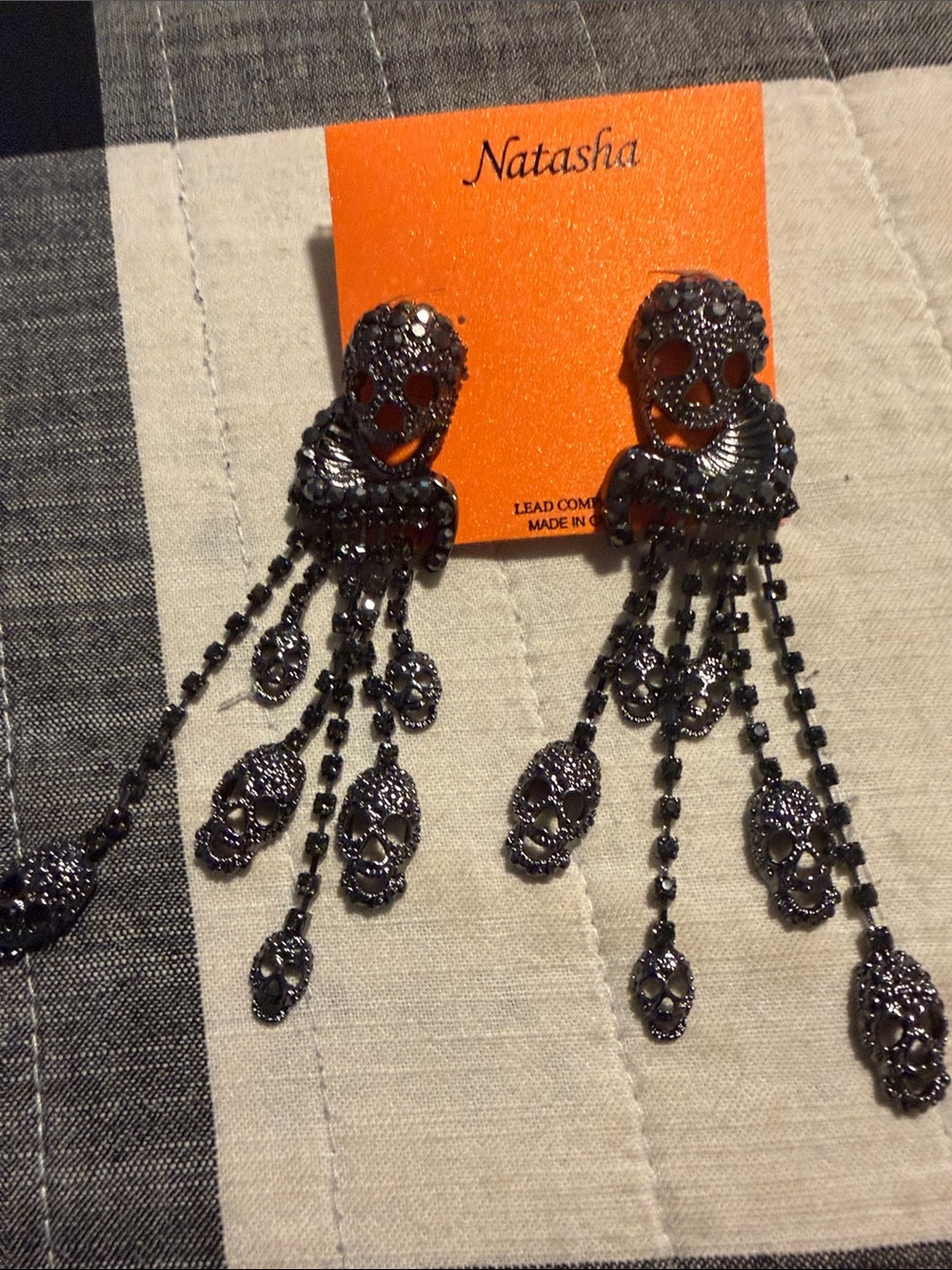Natasha Couture Black Skull Tassel Drop Earrings